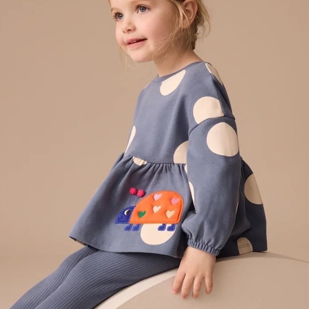 Next Girls Blue Polka Dot Ladybug Peplum Whimsical Sweatshirt Top Size 5-6Y